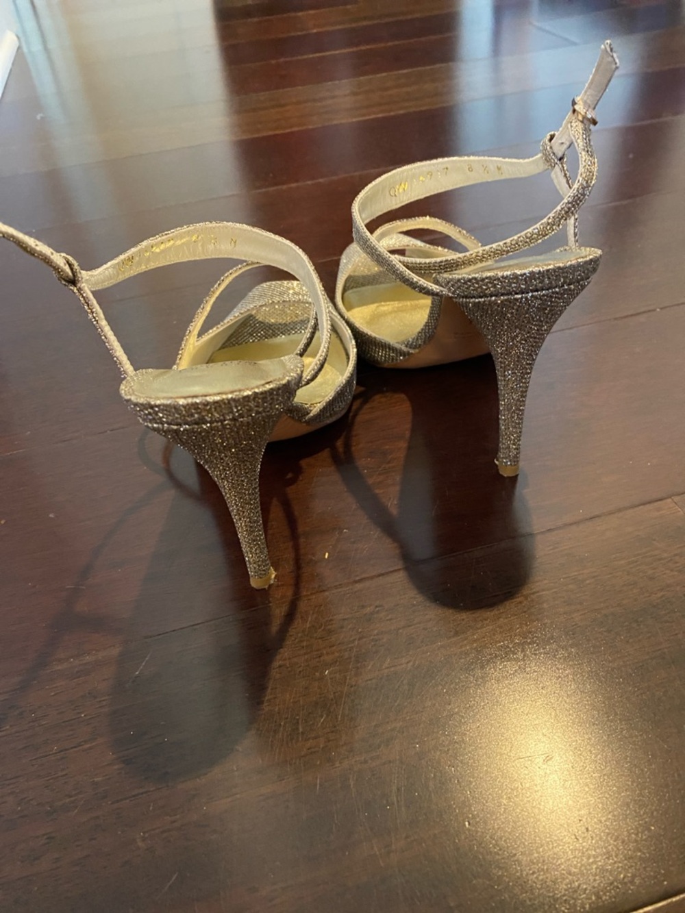 Stuart Weitzman Gold Glitter Open-Toe Strappy Heels - Picture 3 of 8